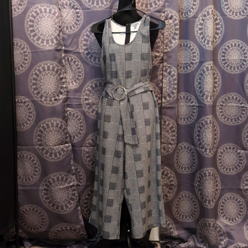 Houndstooth Plaid Belted Wide Leg Jumpsuit
